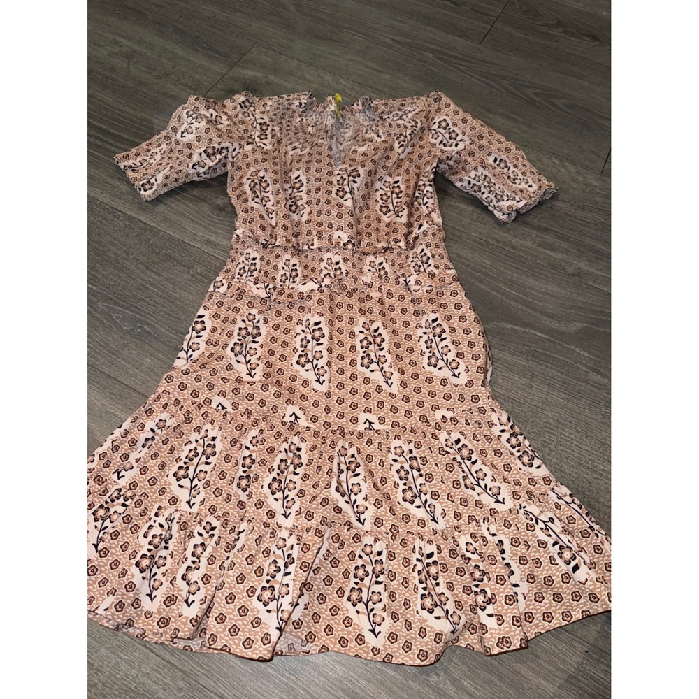 Spartina 449 Boho Floral Smocked Off Shoulder‎ Mini Dress Tan Brown